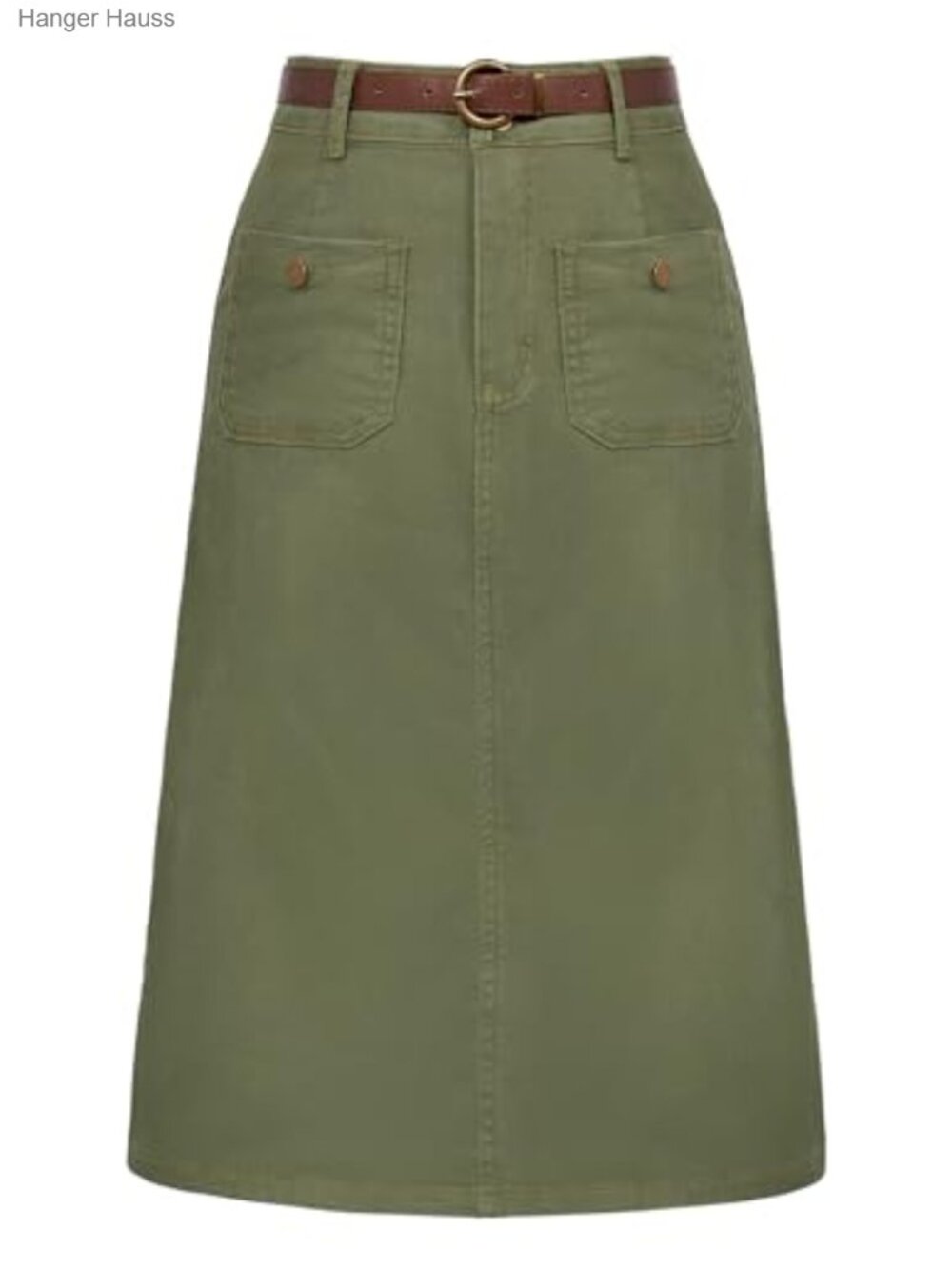 High Waisted Denim Skirt Below Knee Length with Belt Cotton Blend